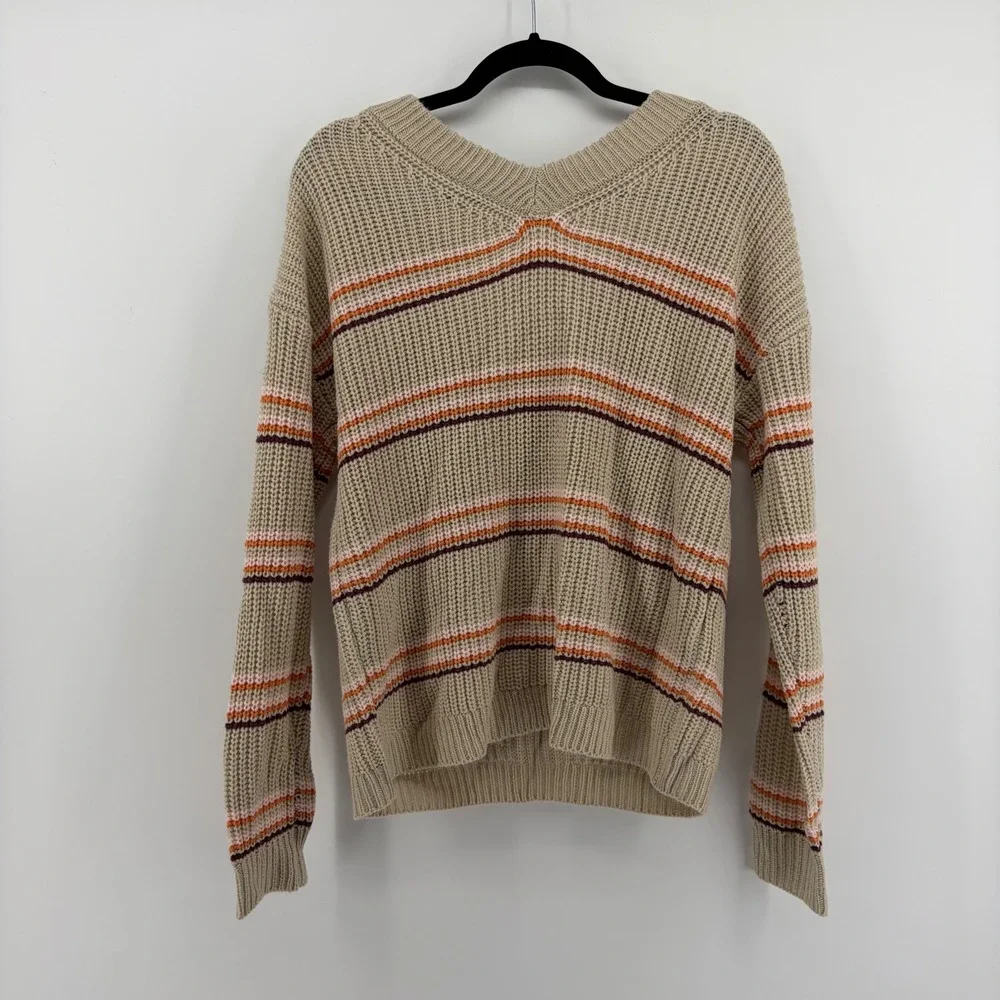 Maurices Medium Sweater Tan Striped Henley V-Neck‎ Button Shaker Knit Boho
